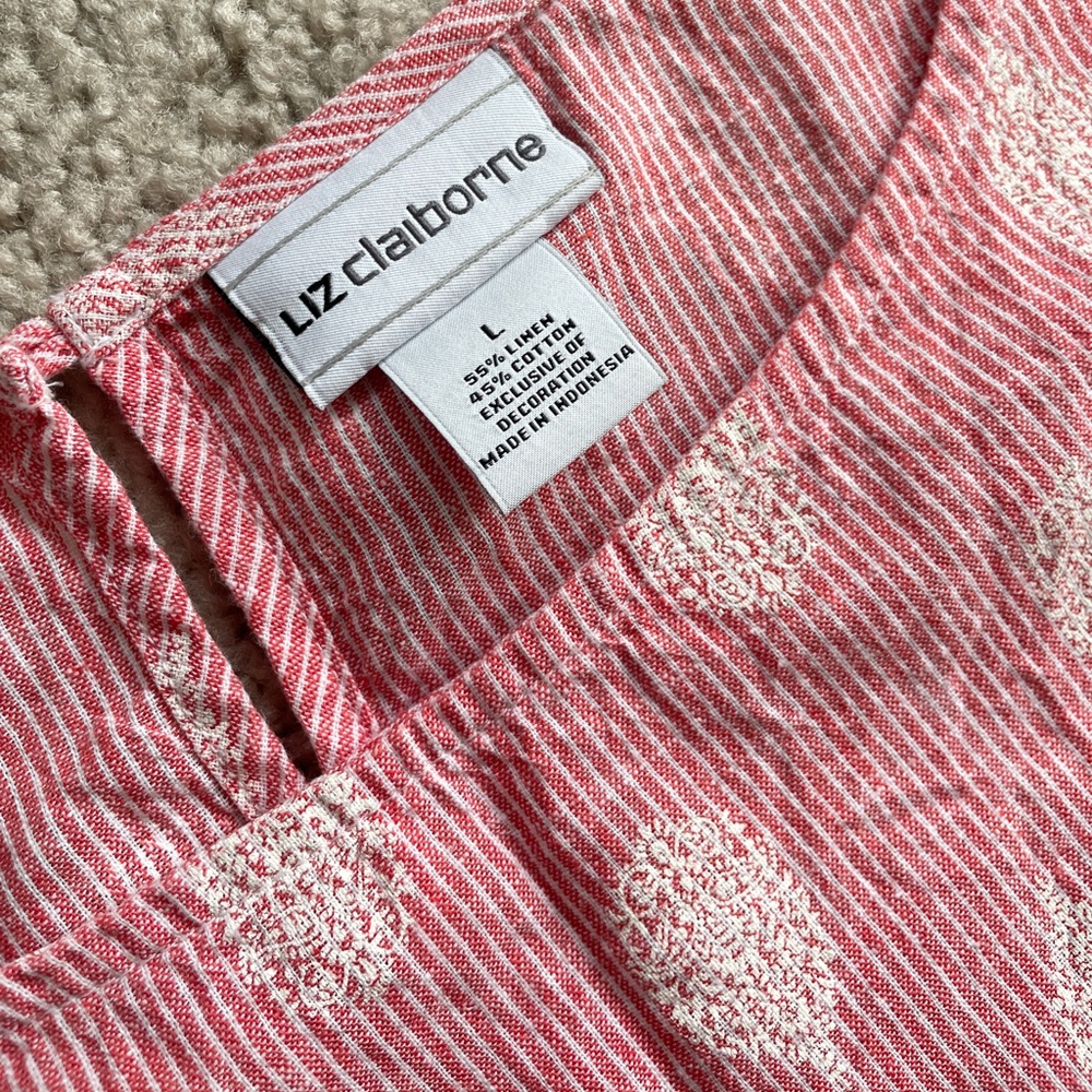 Liz Claiborne Linen Filigree Long Sleeve Striped Top Size Large Red White - Picture 3 of 7